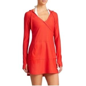 Athleta Neon Coral Wick It Wader Hoodie Swim Beach Cover Up Dress Small UPF 50